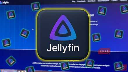 jellyfin logo with jellyfin website background on computer screen.