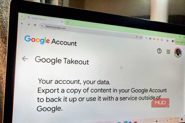 Laptop screen displaying Google Takeout page.