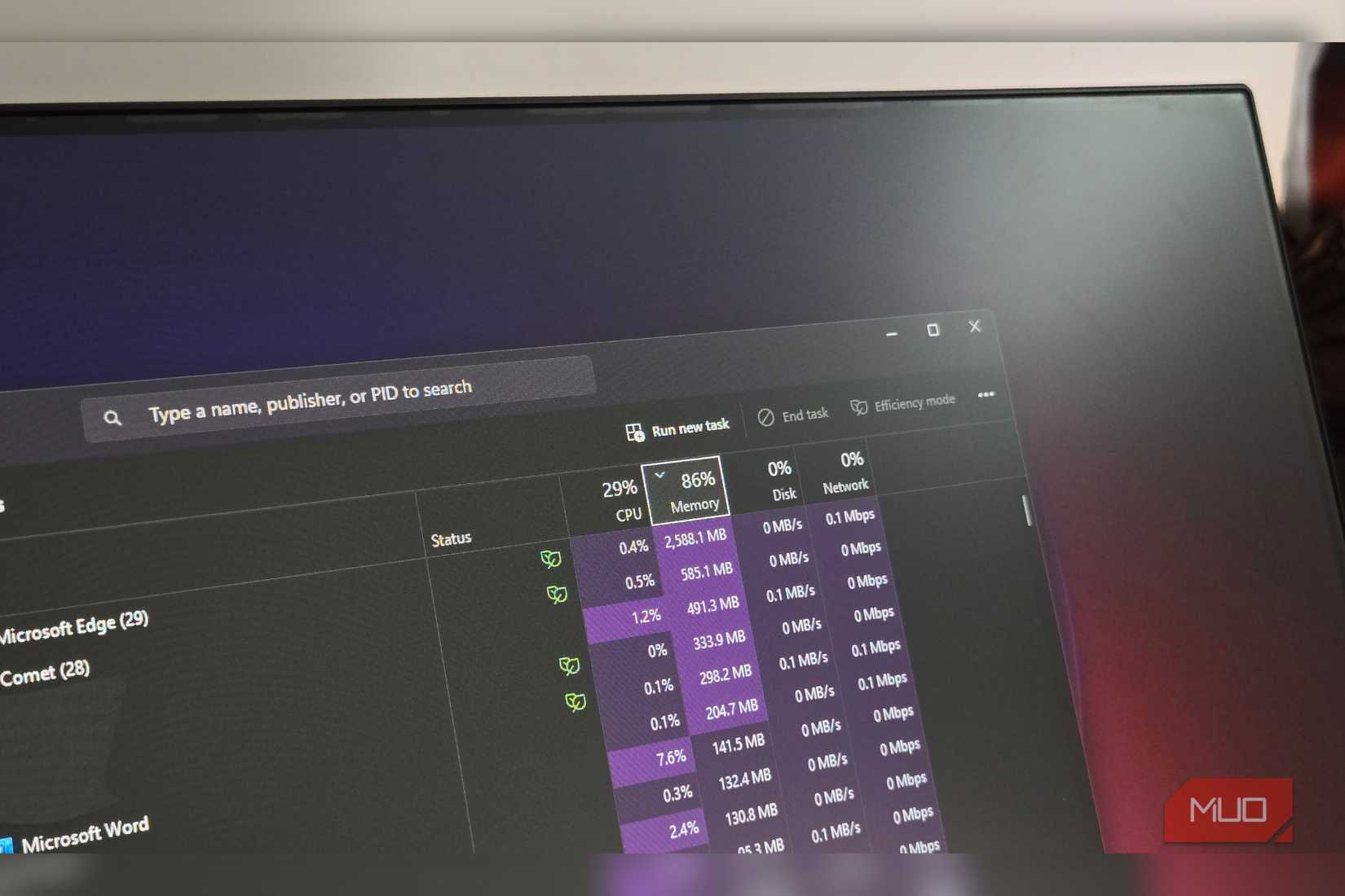 Task manager open on a monitor 