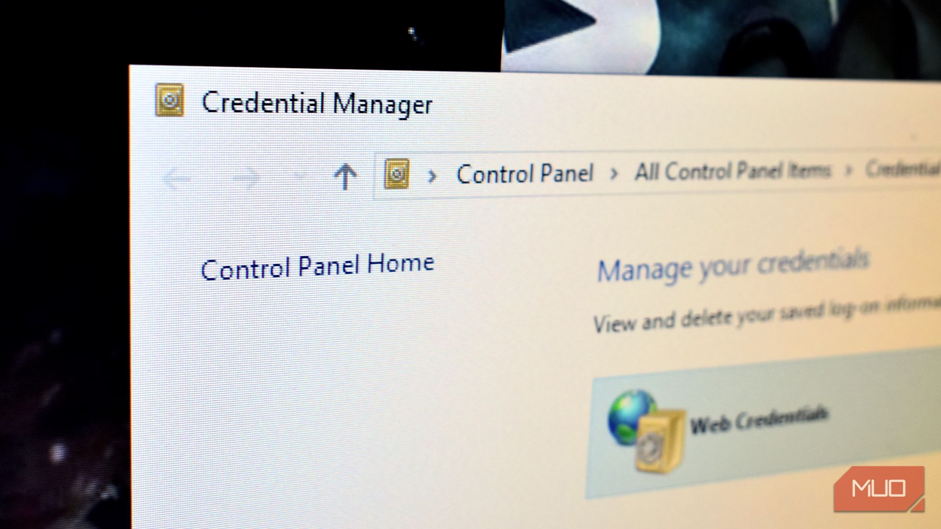 windows credential manager window control panel.