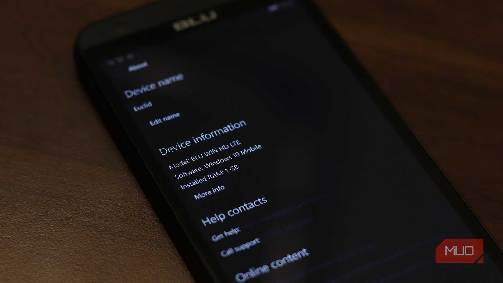 Device info menu on Windows Phone 10.