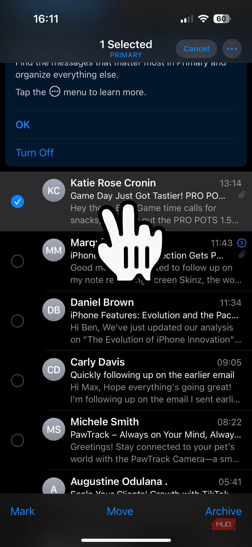 04a iPhone Mail Two Finger Tap on First Email