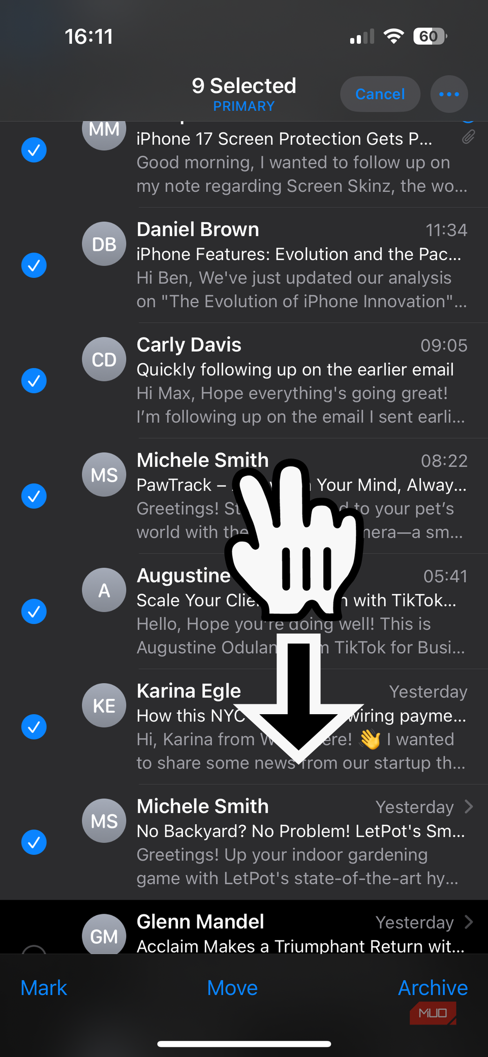 04b iPhone Two Finger Drag to Select Mail
