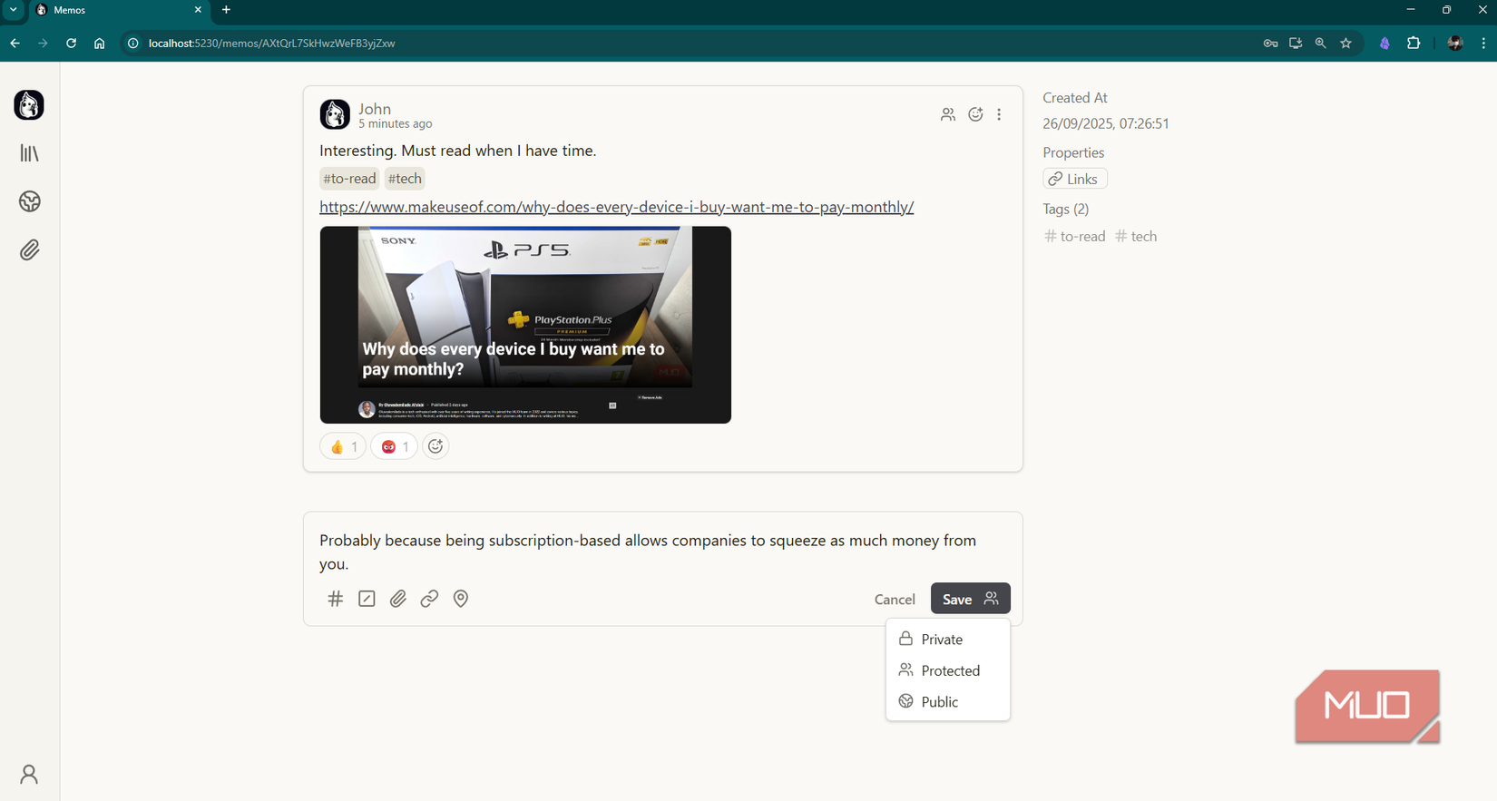 Commenting and reacting on a Protected memo entry