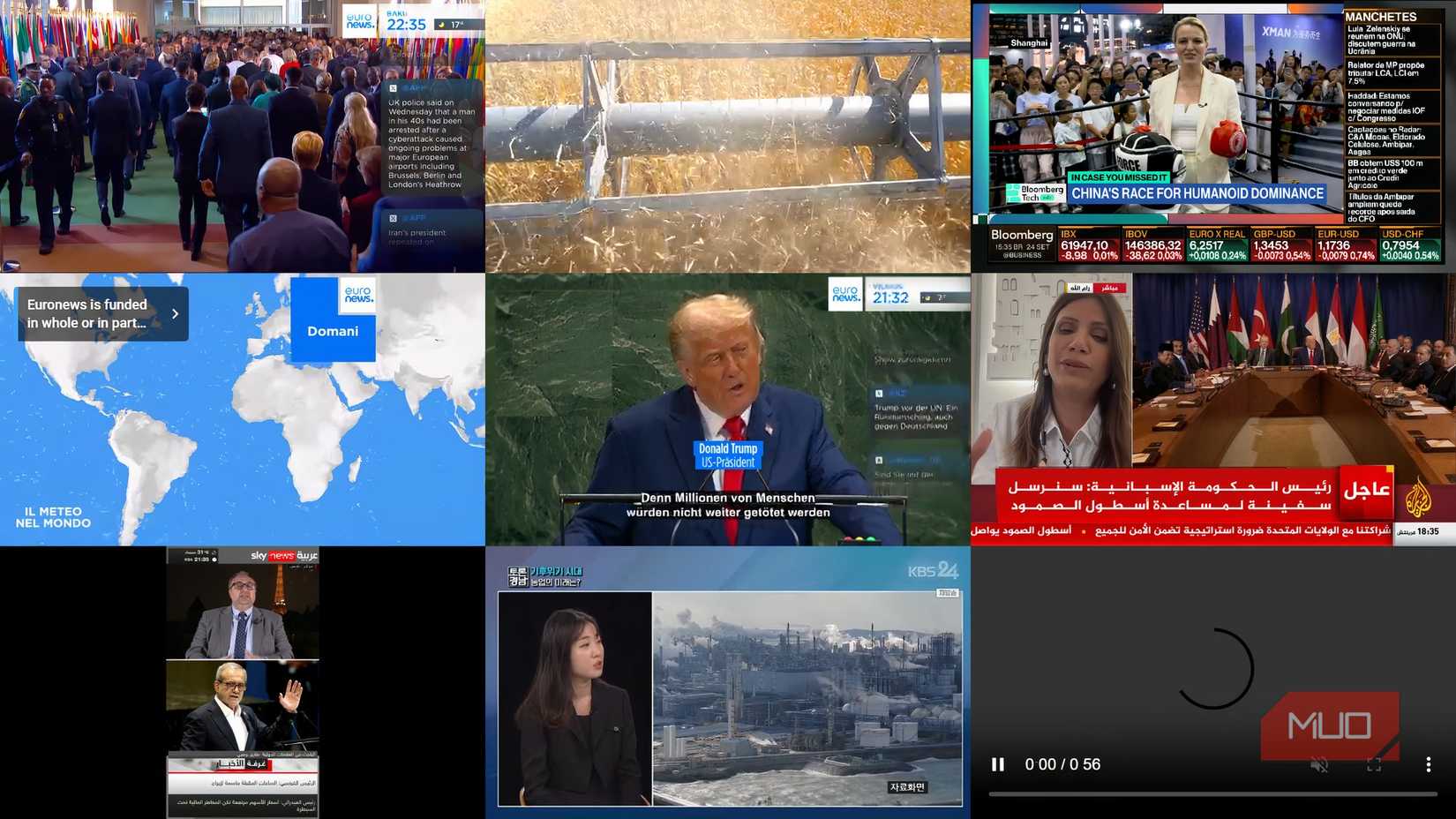 A 3x3 grid layout of live news channels.