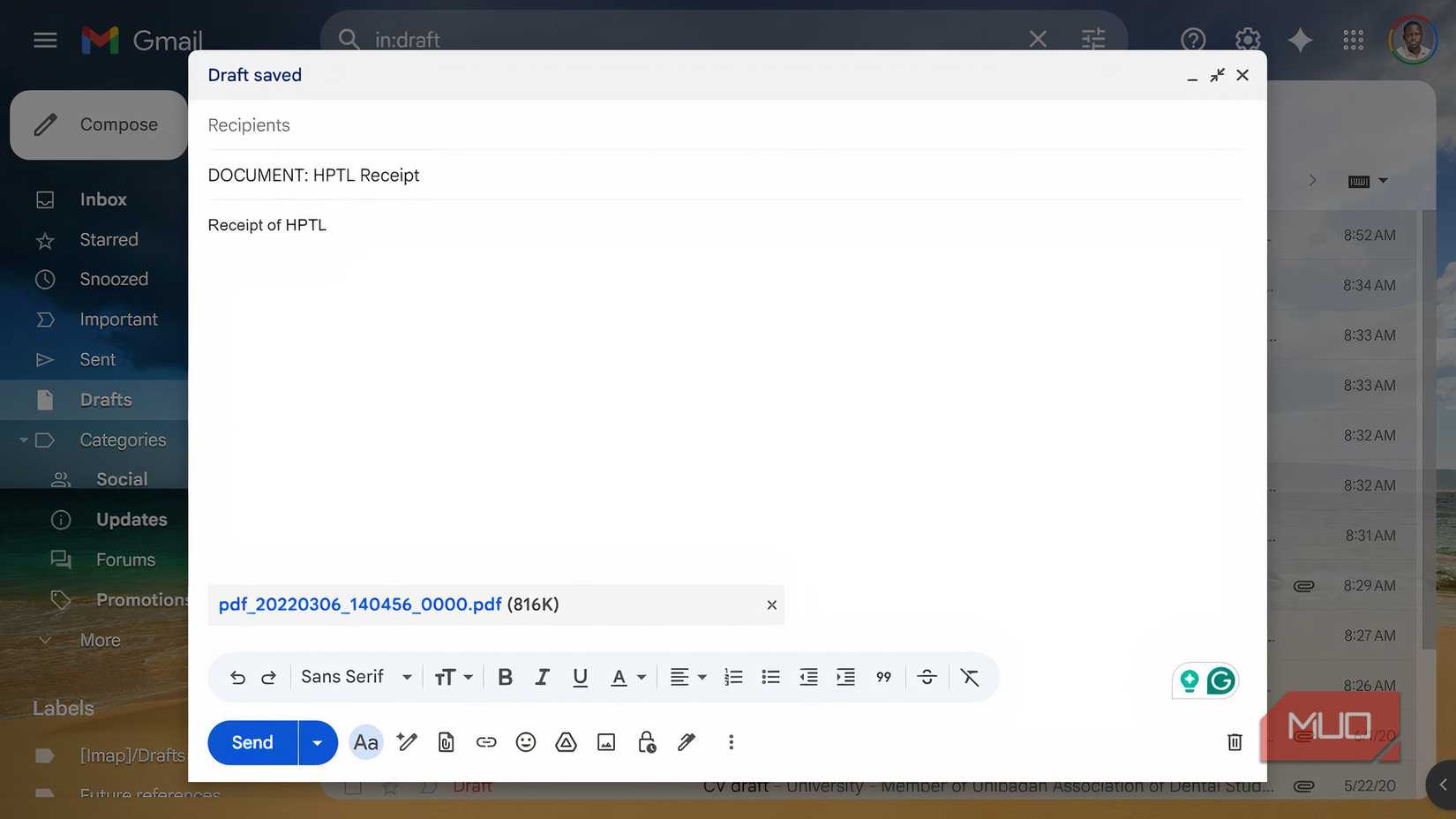 A Gmail draft with a PDF attachment.