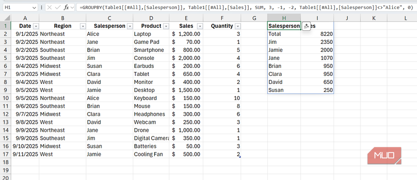 A GROUPBY formula in Excel with all eight parameters used