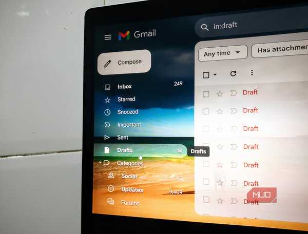A laptop screen showing Gmail inbox with Drafts folder selected.