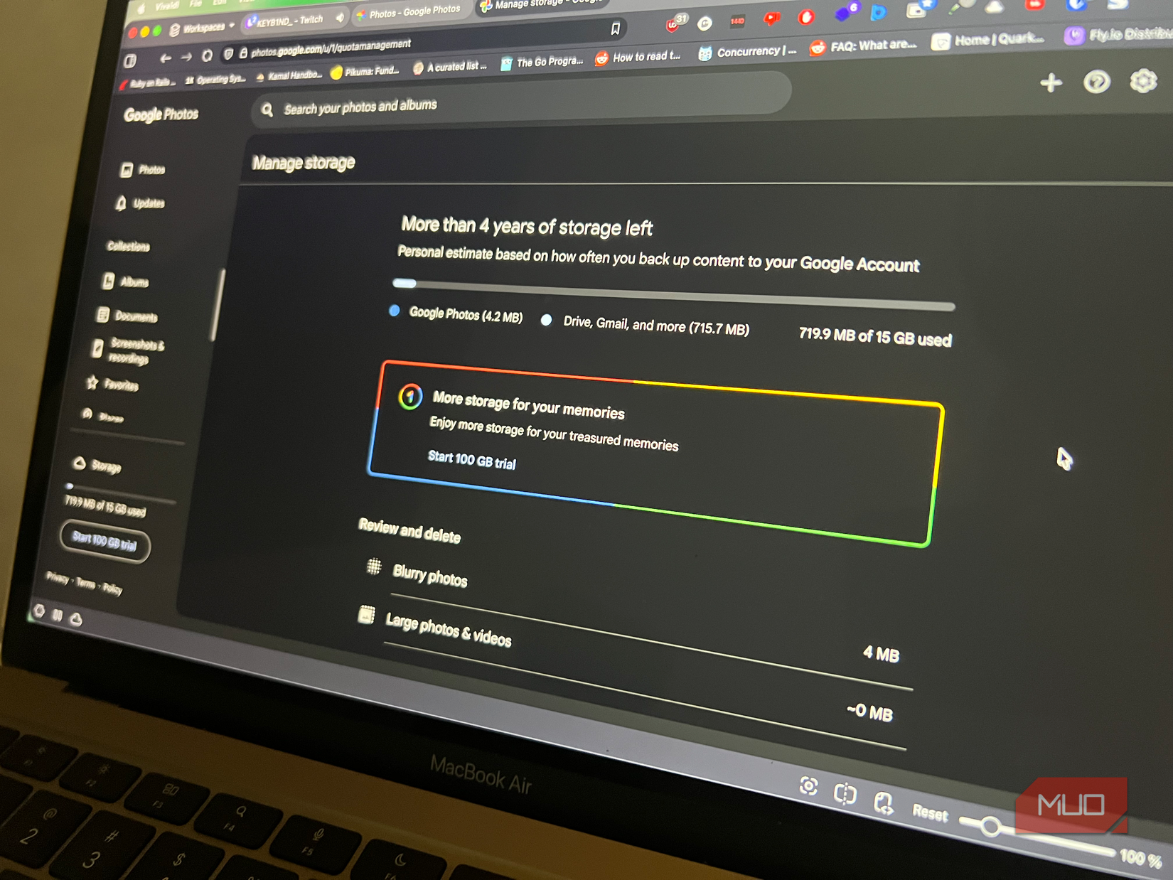 A laptop screen showing Google Photos storage management page
