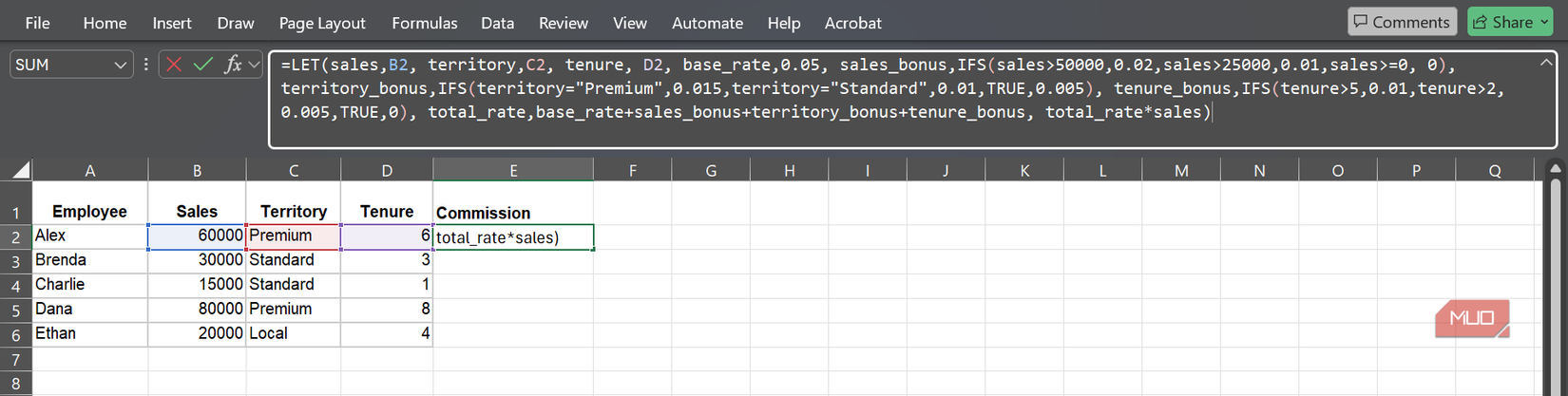 A LET and IFS formula in Microsoft Excel.