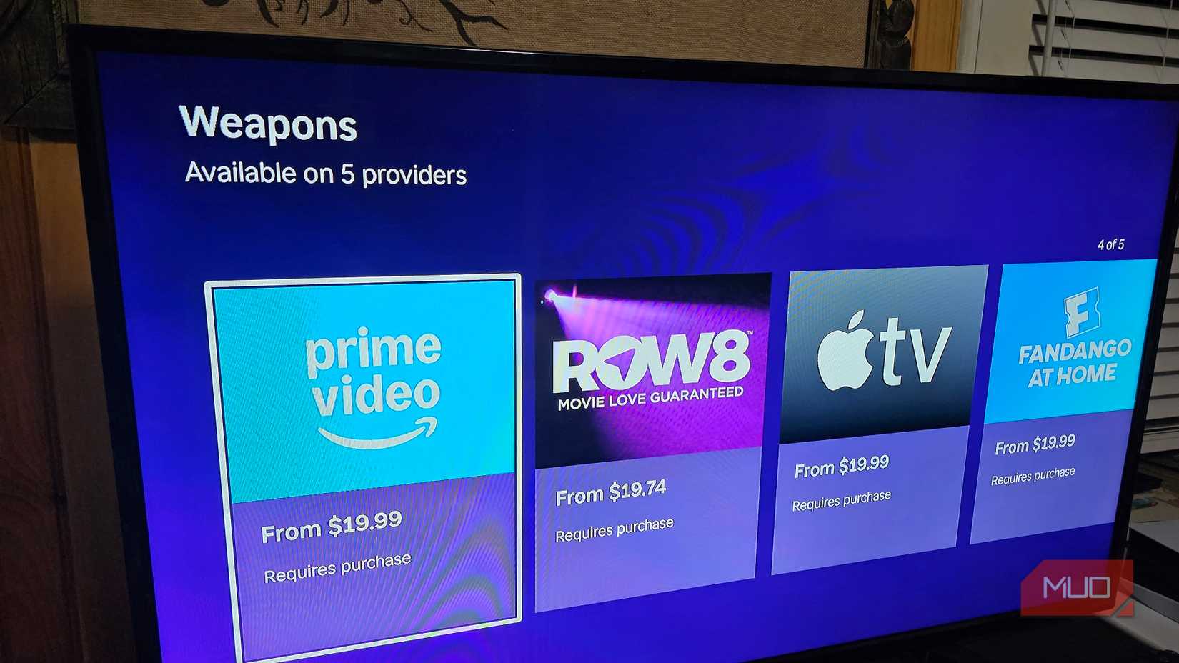 A row of streaming platforms that have the movie Weapons available for rent and purchase.