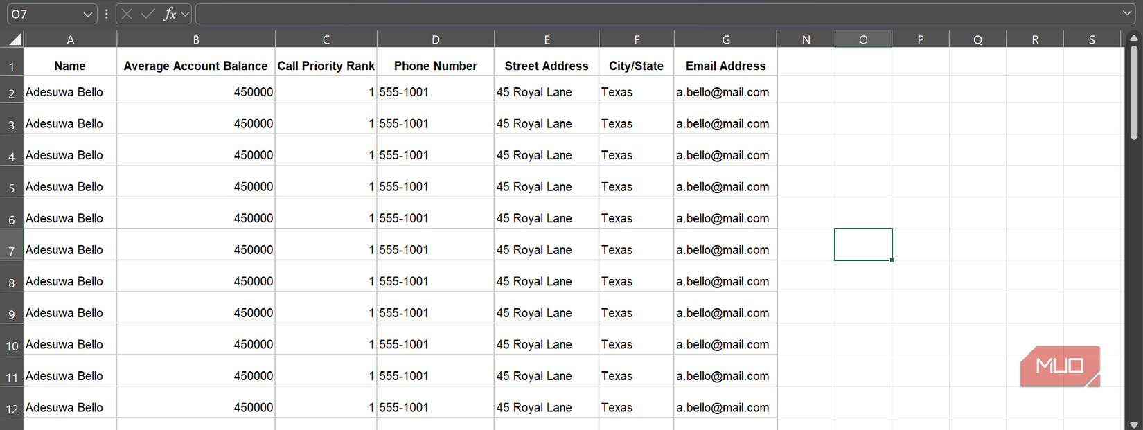 A saved view of a few of my customer details.