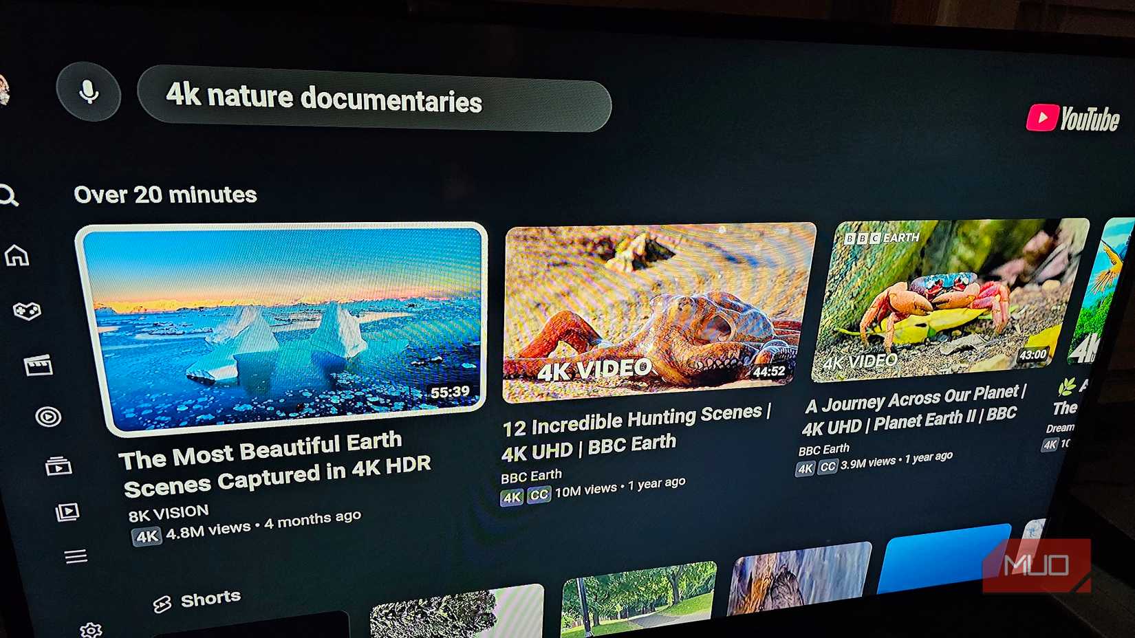 A Vizio smart TV opened to the YouTube app, with a list of nature documentaries to watch.