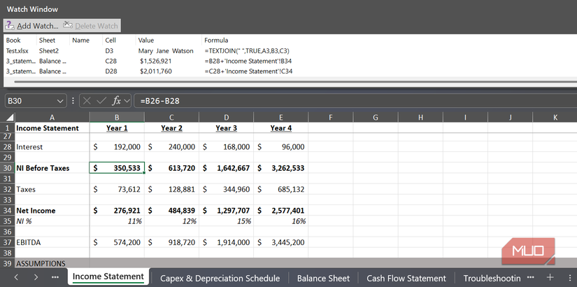 A watch window docked under the ribbon in an Excel Spreadsheet.