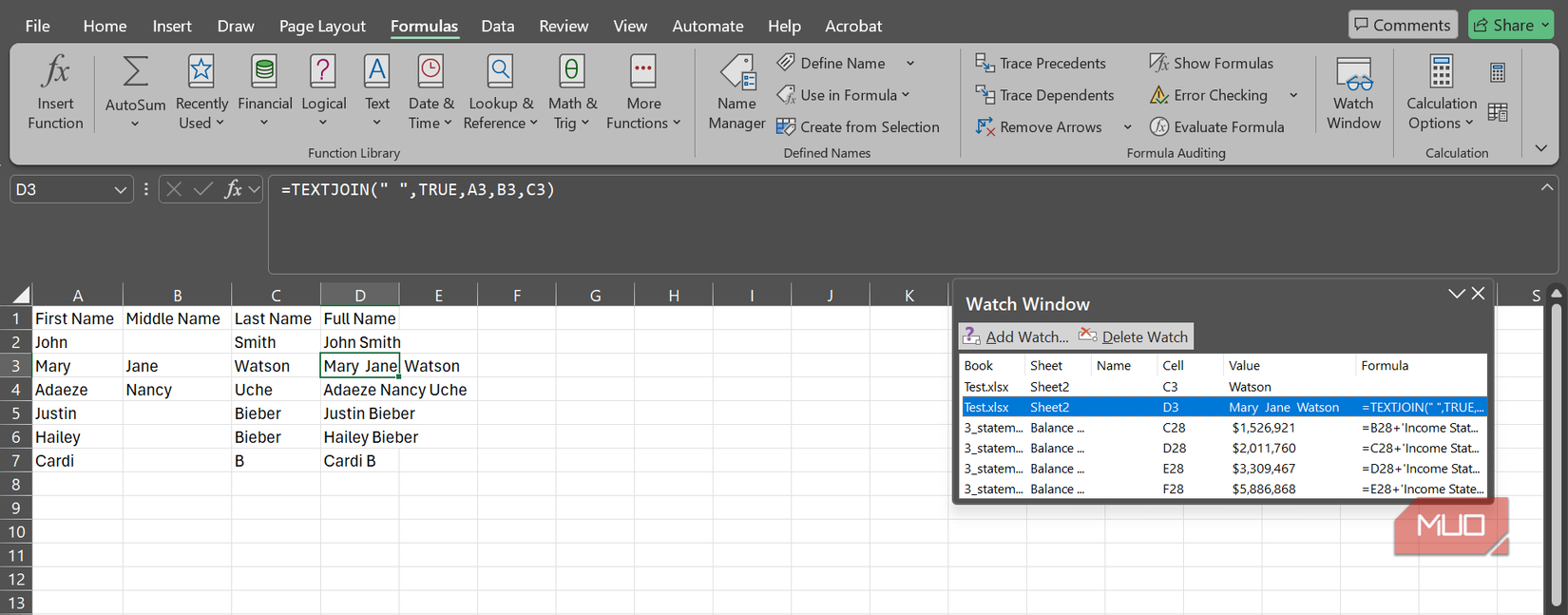 A watch window placed beside a list of names on an Excel spreadsheet.