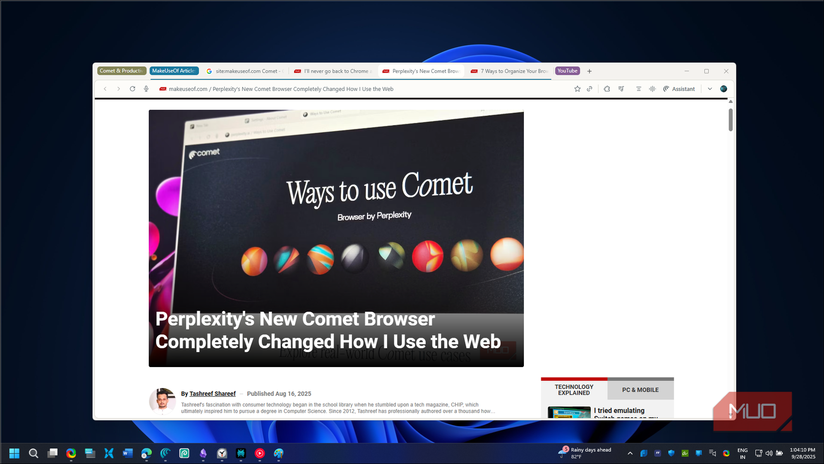 A web page open on a Comet browser showing multiple tabs grouped together