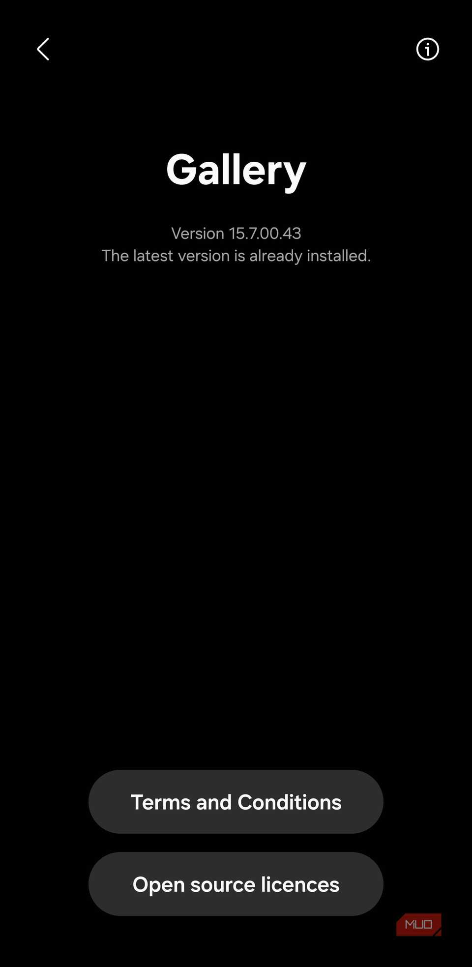 About Gallery screen showing version 15.7.00.43