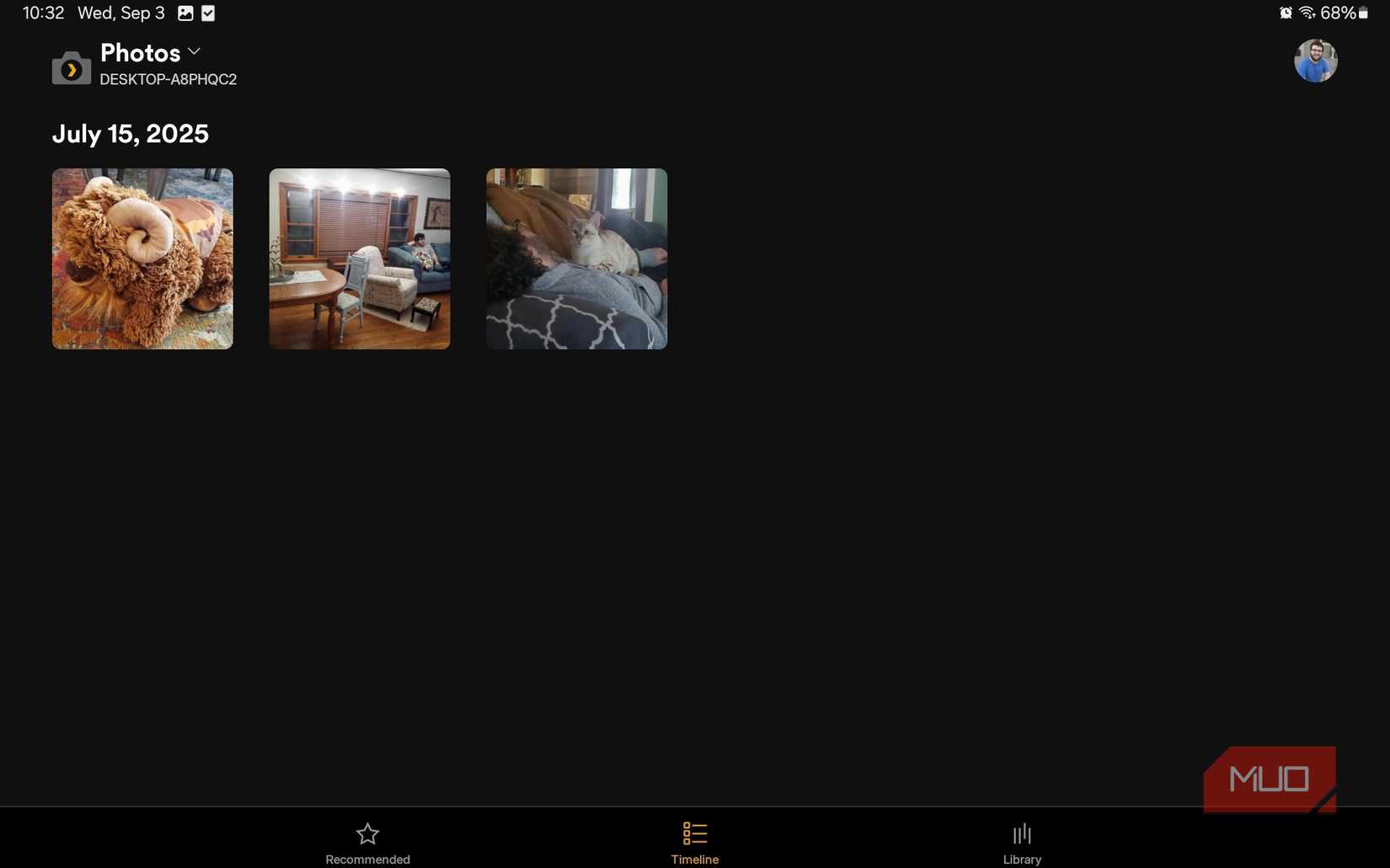 Accessing the Timeline tab in Plex Photos, with photos being separated by dates.