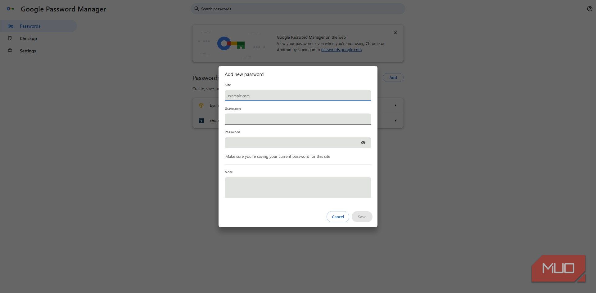 Adding new password in Chrome
