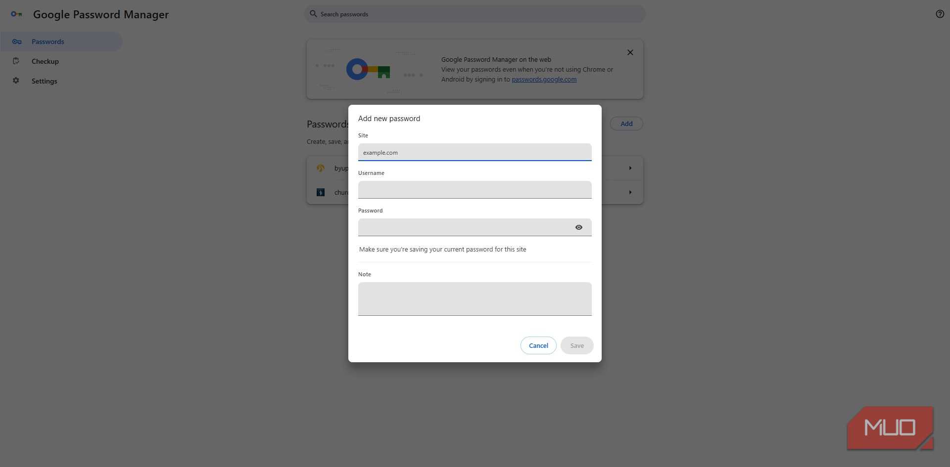 Adding new password in Chrome