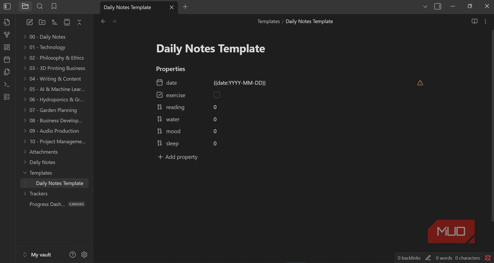 Adding properties to track in daily notes template