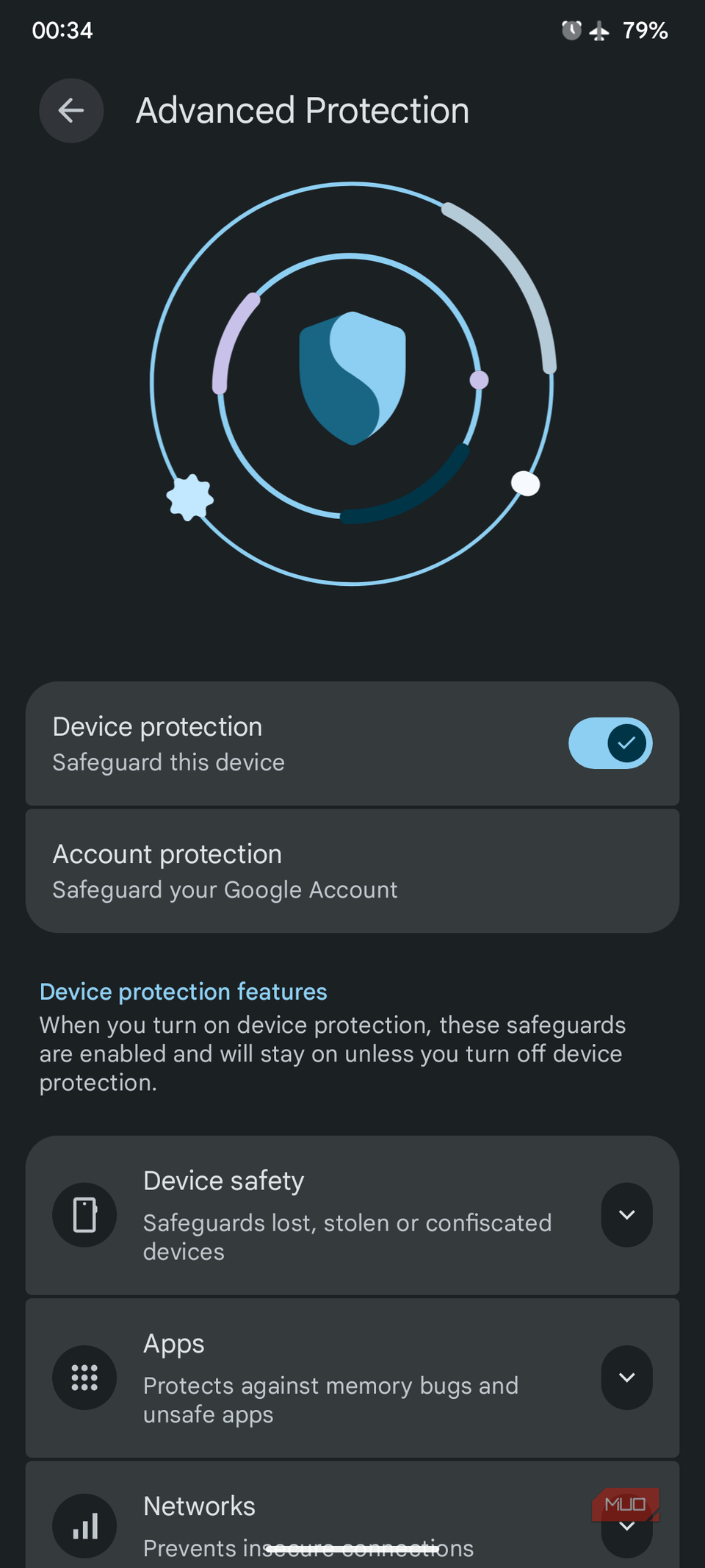 Device protection toggled on in Advanced Protection dashboard.