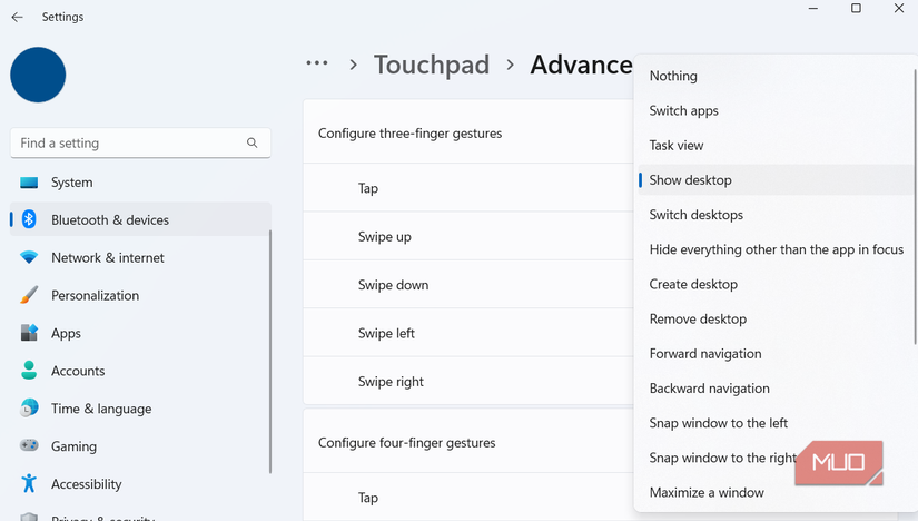 Advanced touchpad gesture settings in Windows 11
