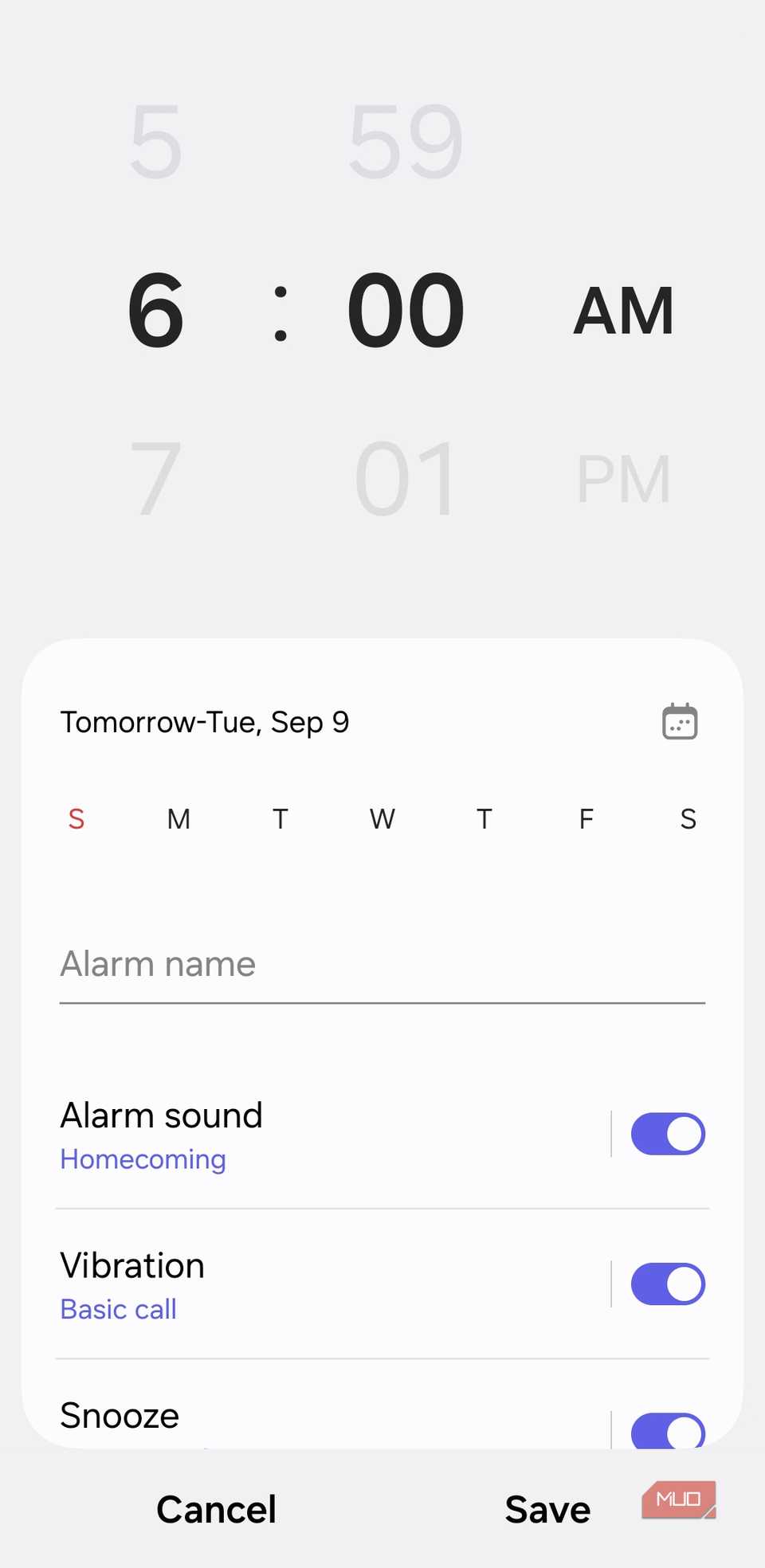 Alarm option in Samsung Clock app
