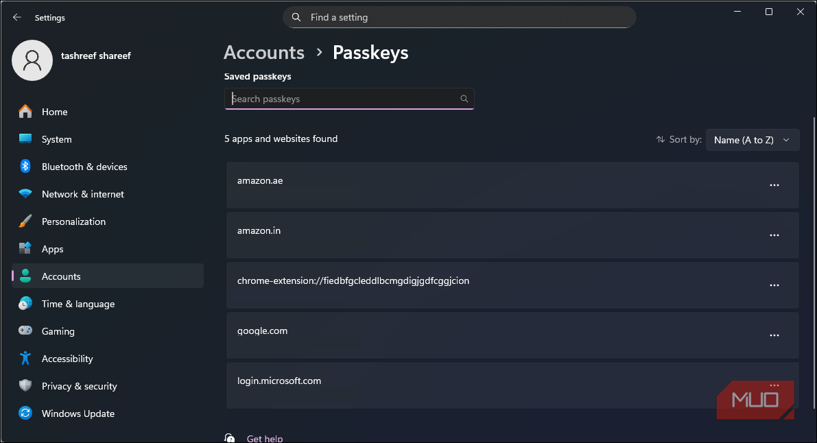 all the saved passkey acccounts visible on the Windows 11 settings app