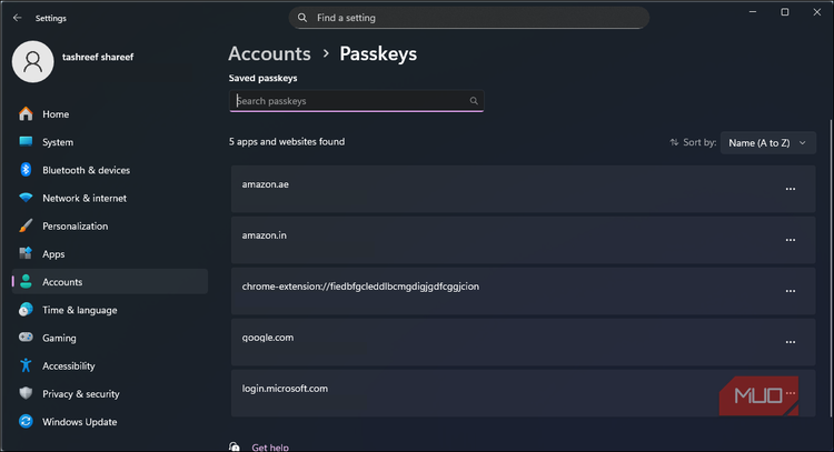 all the saved passkey acccounts visible on the Windows 11 settings app