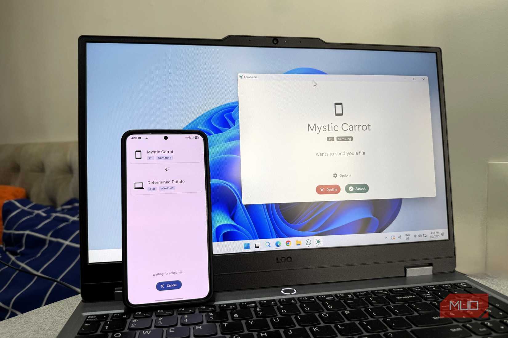 Android phone and Windows laptop sharing files via LocalSend