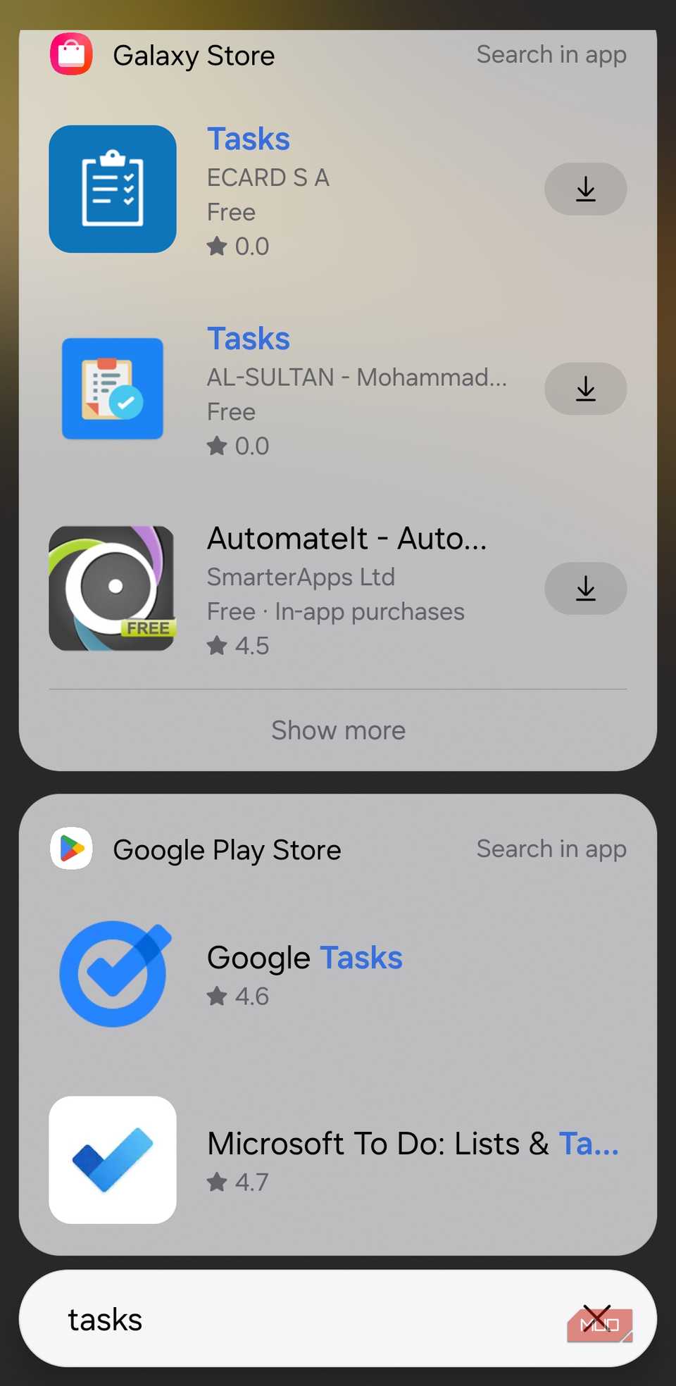 App download option in Samsung phone search