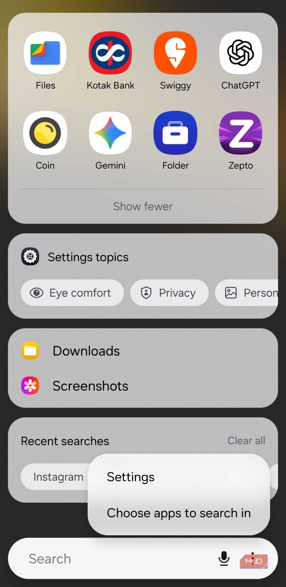 App drawer search settings option