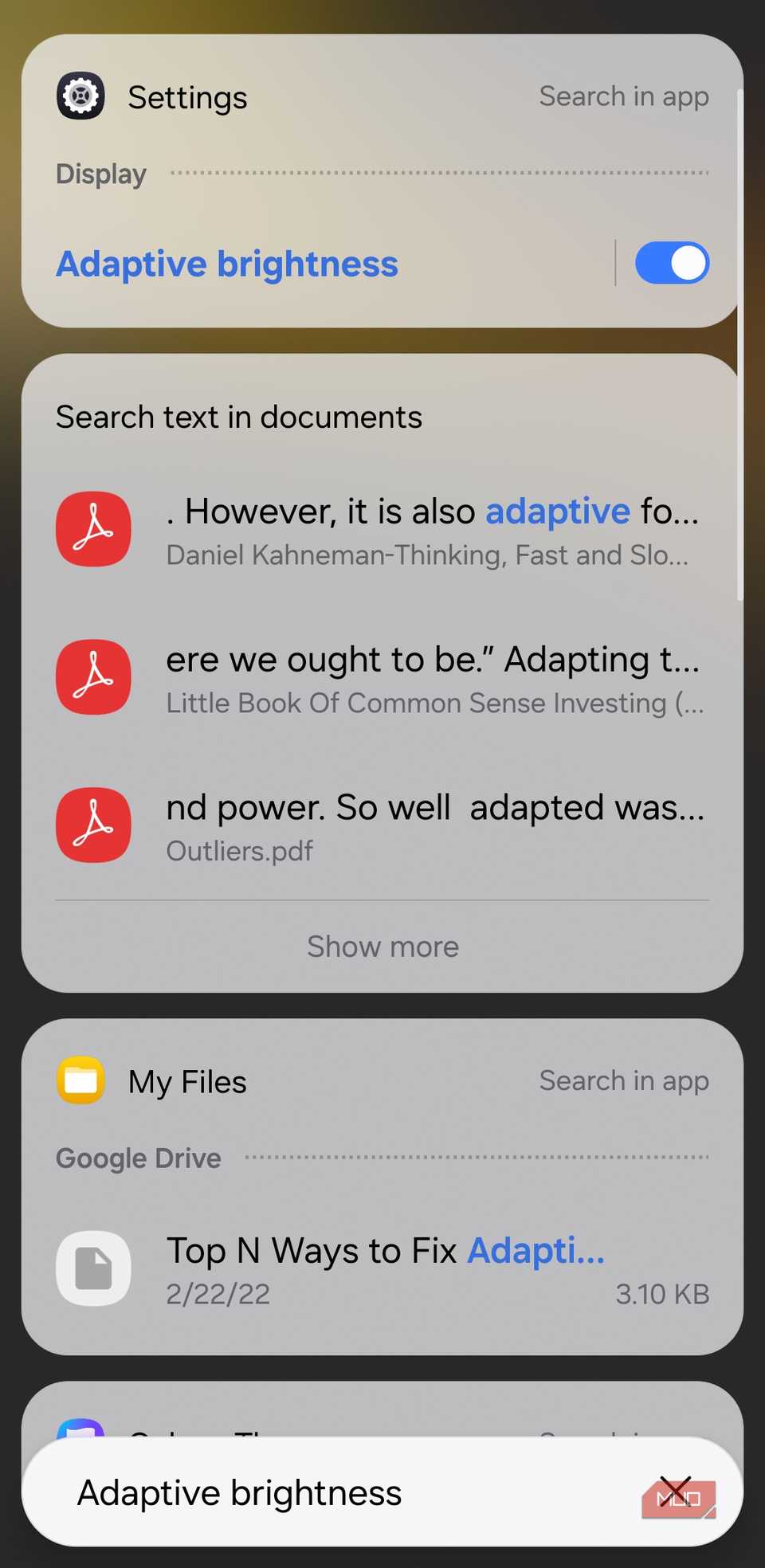 App drawer showing results for adaptive brightness