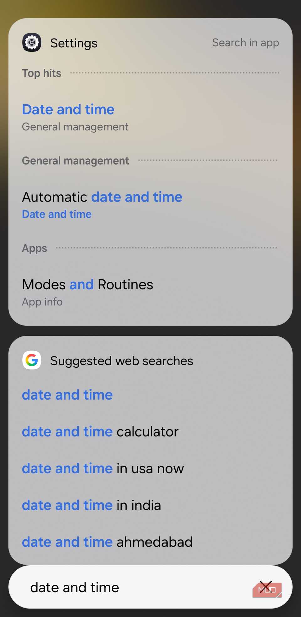 App drawer showing results for date and time