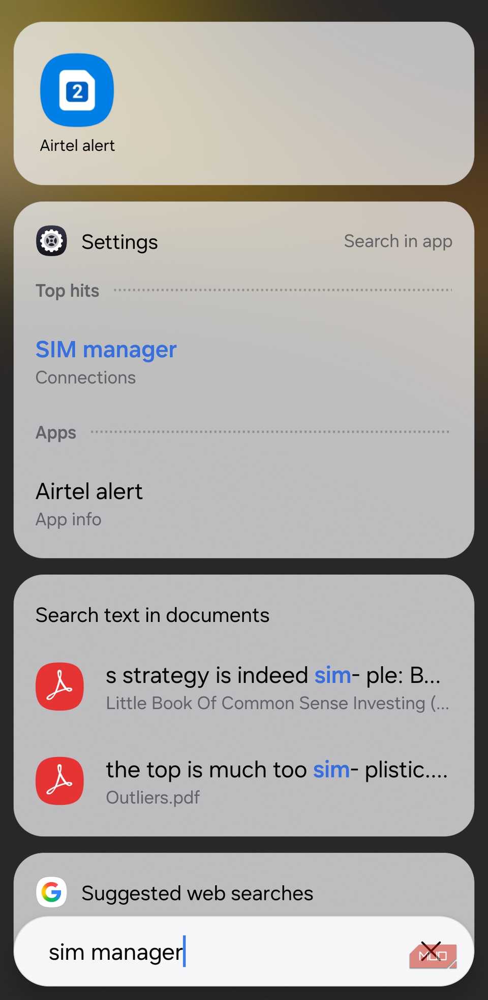 App drawer showing results for SIM manager