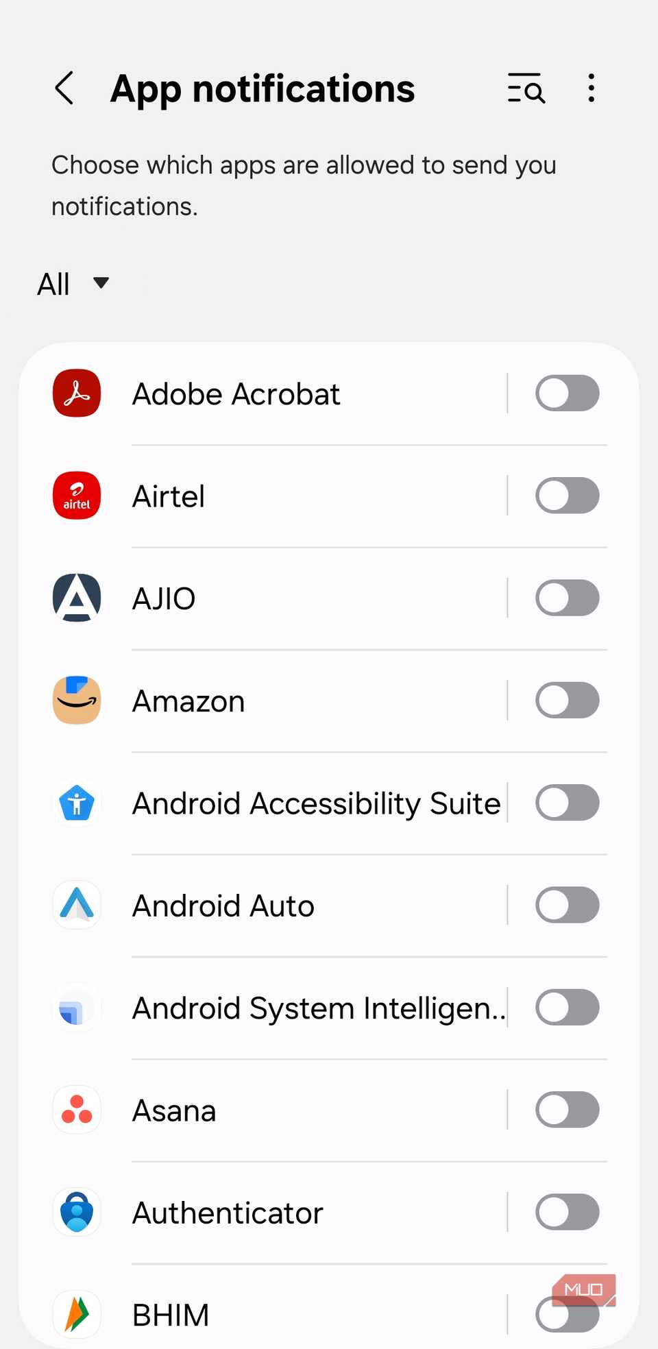 App notification settings on Android