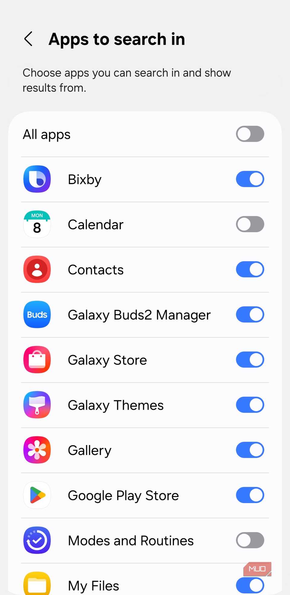 App to search in menu on Samsung phone