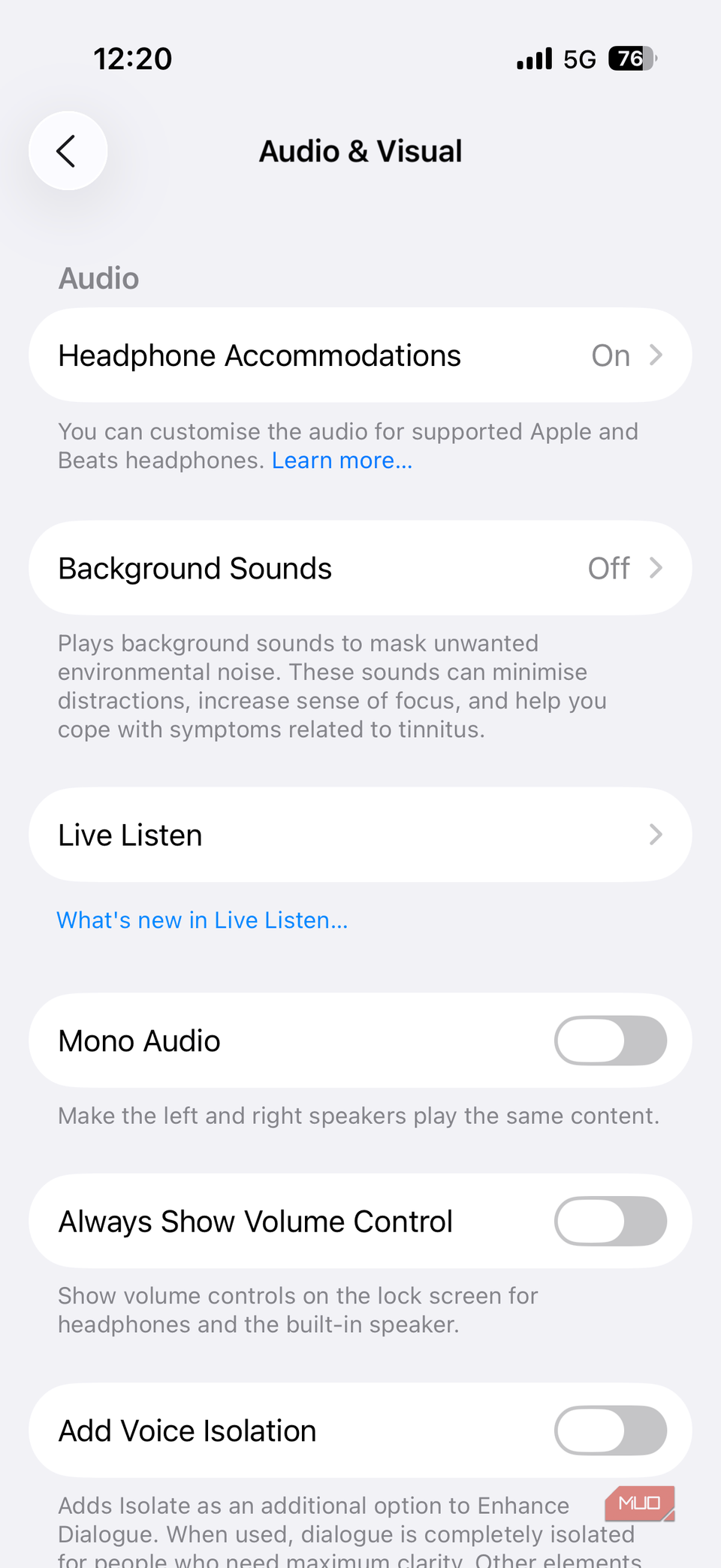 Audio and visual settings on iPhone