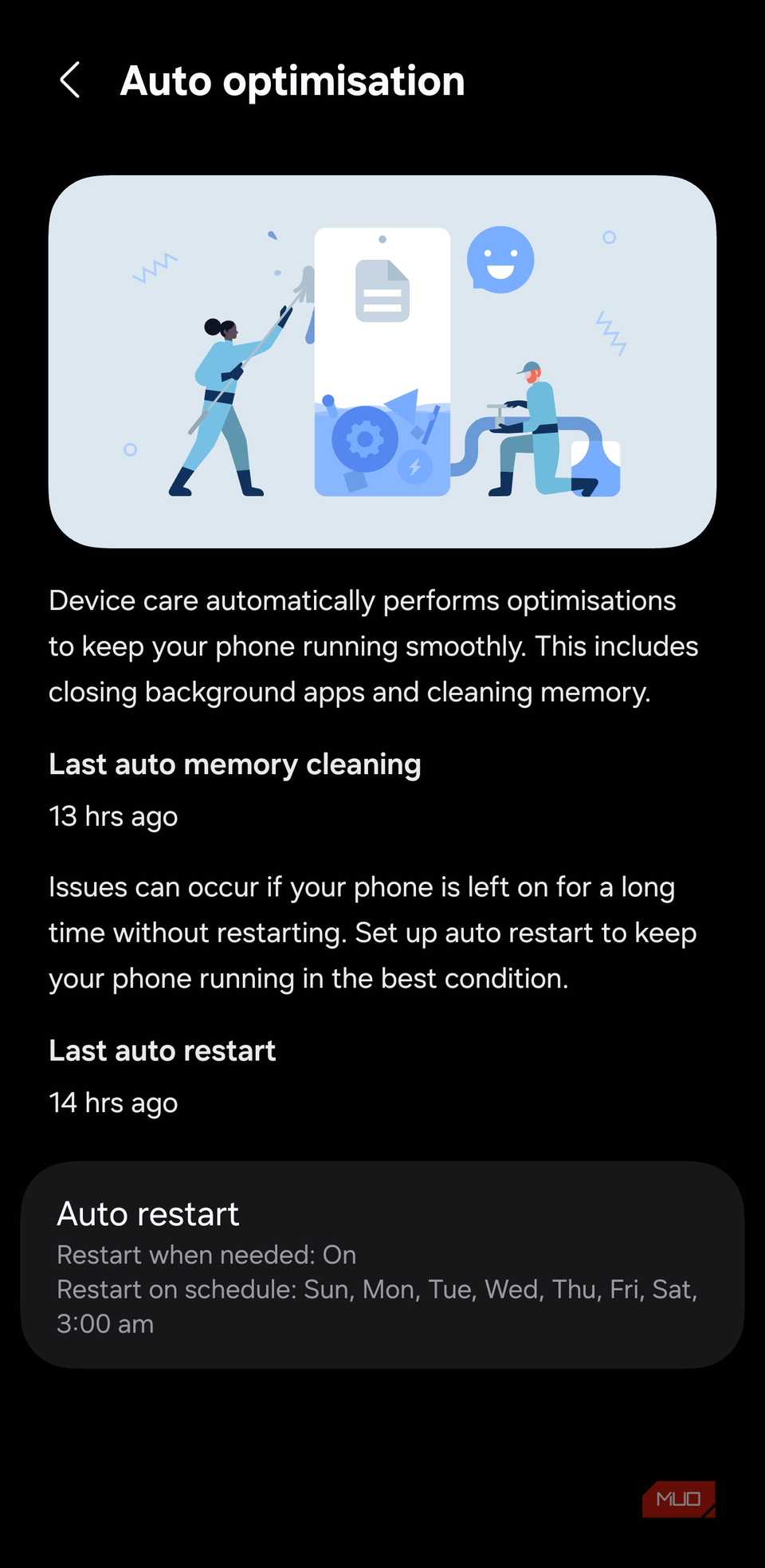 Auto optimisation screen with Auto restart status
