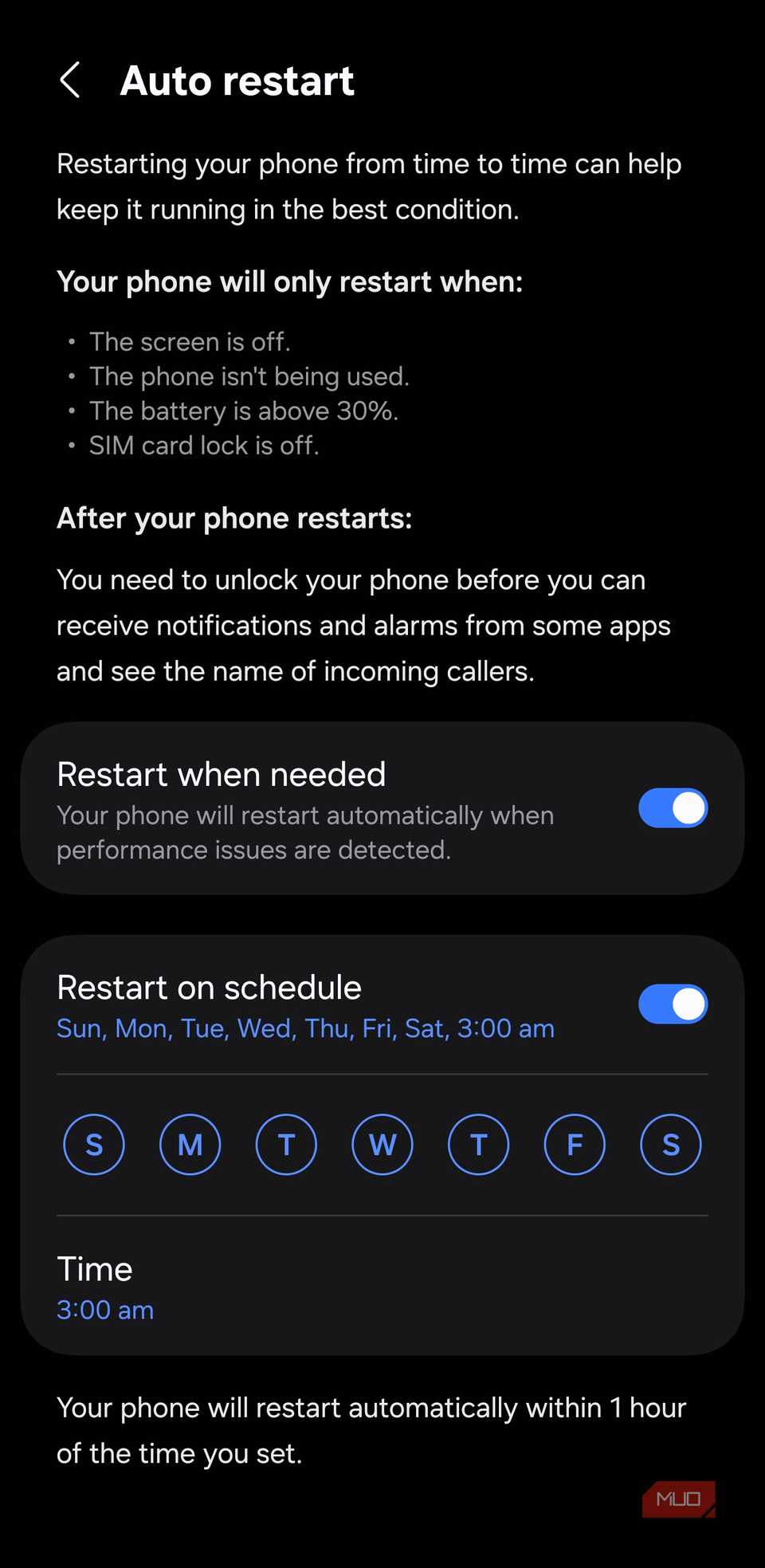 Auto restart settings with Restart when needed