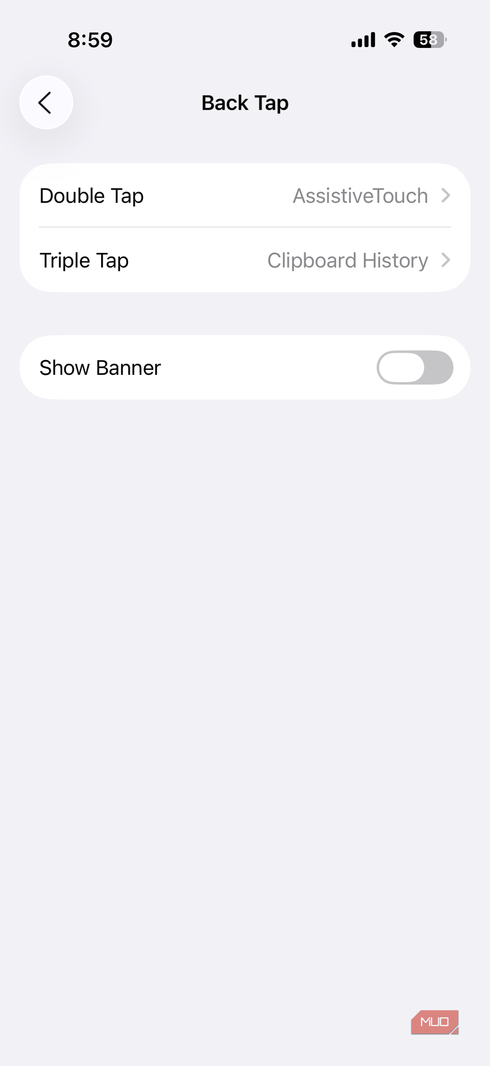 Back Tap menu on iPhone