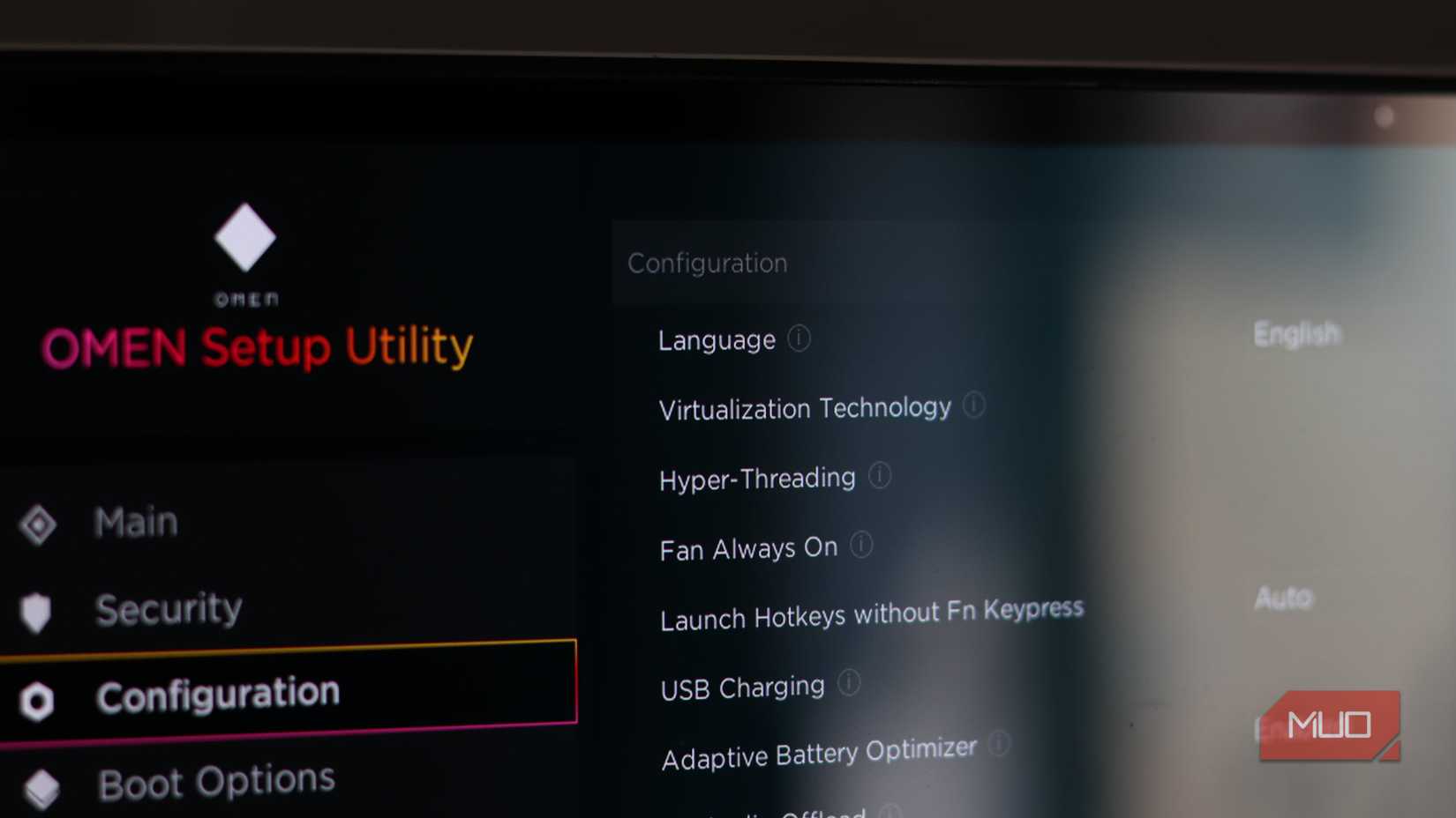 Virtualization options in HP Omen BIOS.