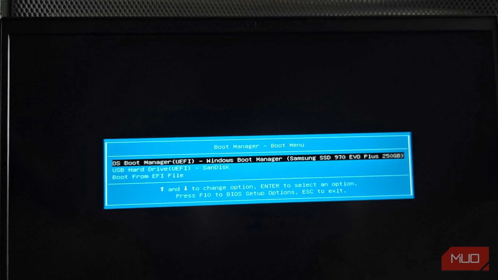 Boot Manager - Boot Menu selection dialog open on a HP laptop