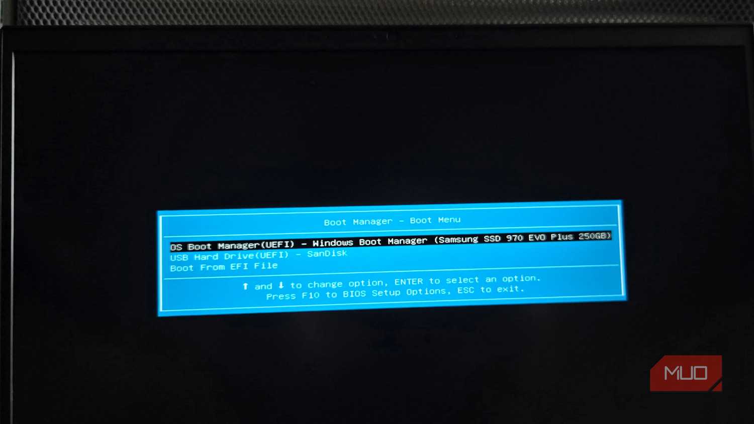 Boot Manager - Boot Menu selection dialog open on a HP laptop