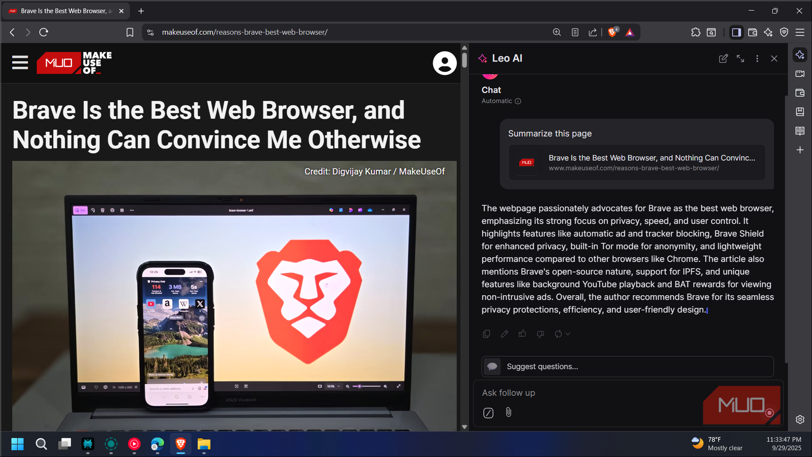 brave browser leo ai in action
