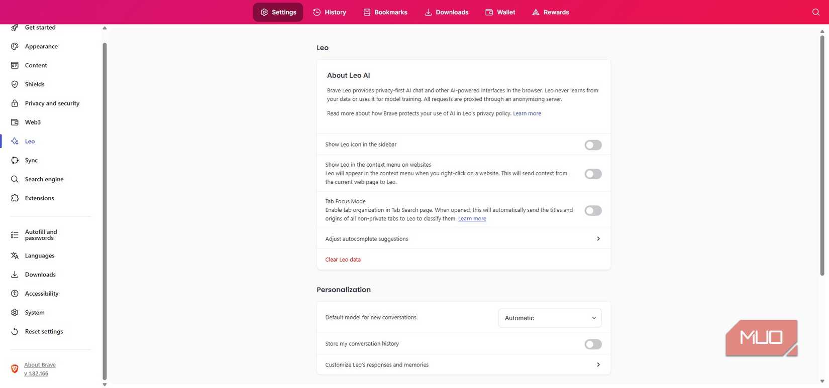Brave browser Leo AI settings