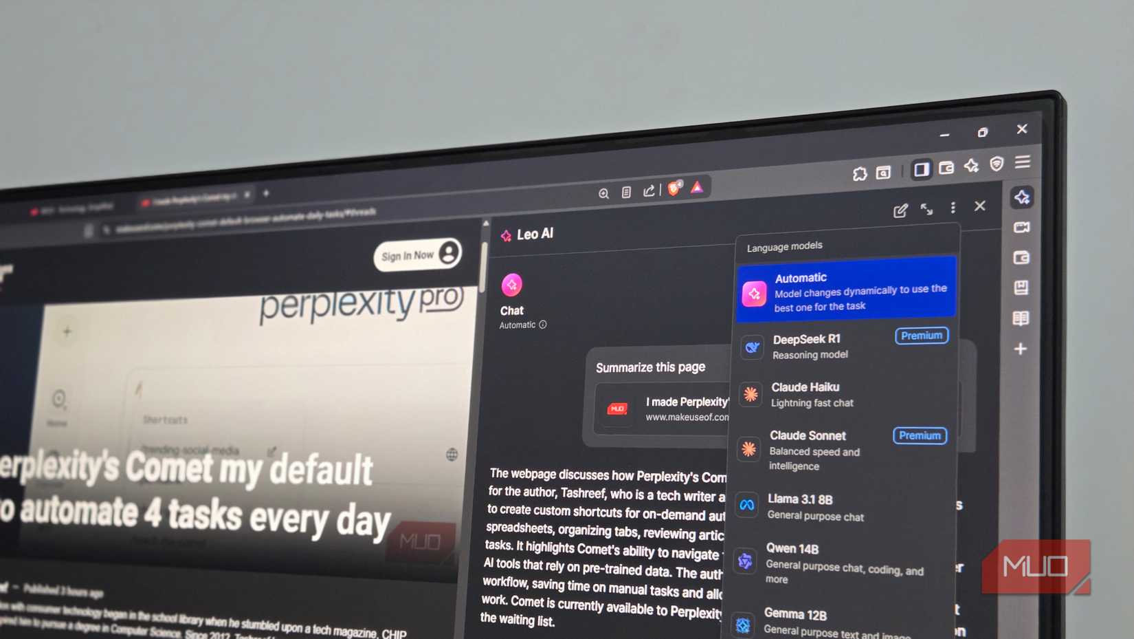 Brave browser  Leo AI tab showing the LLM models on offer