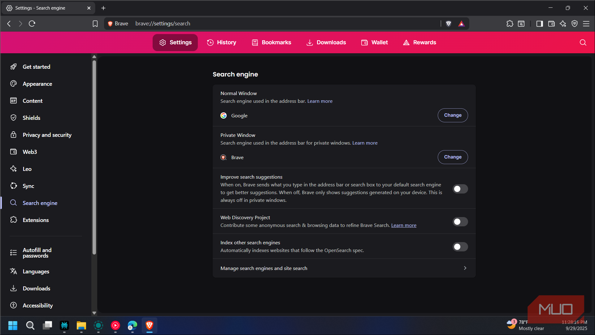 Brave browser search engine tab open in Settings