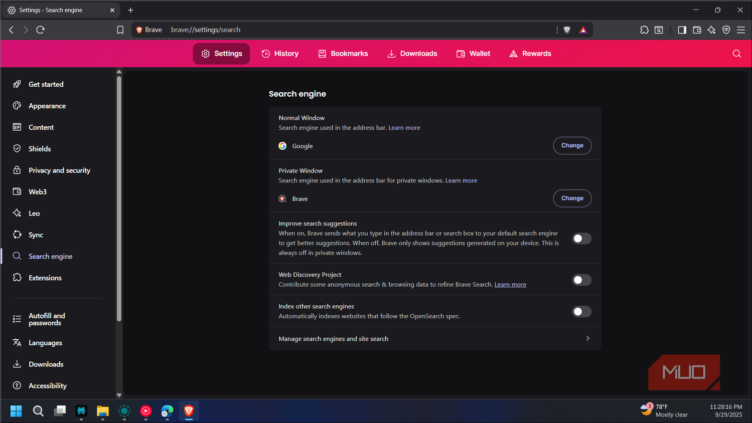 Brave browser search engine tab open in Settings